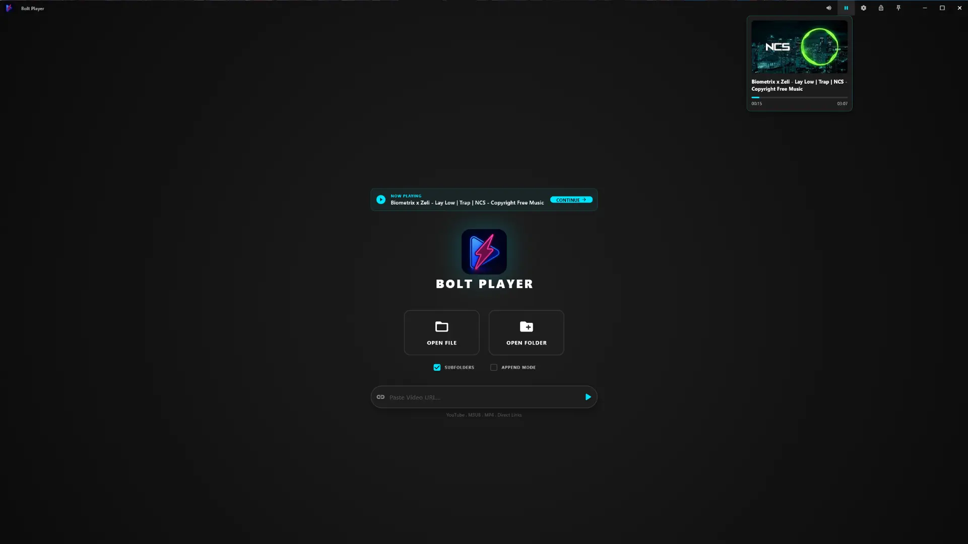 Bolt Player home screen alternative view
