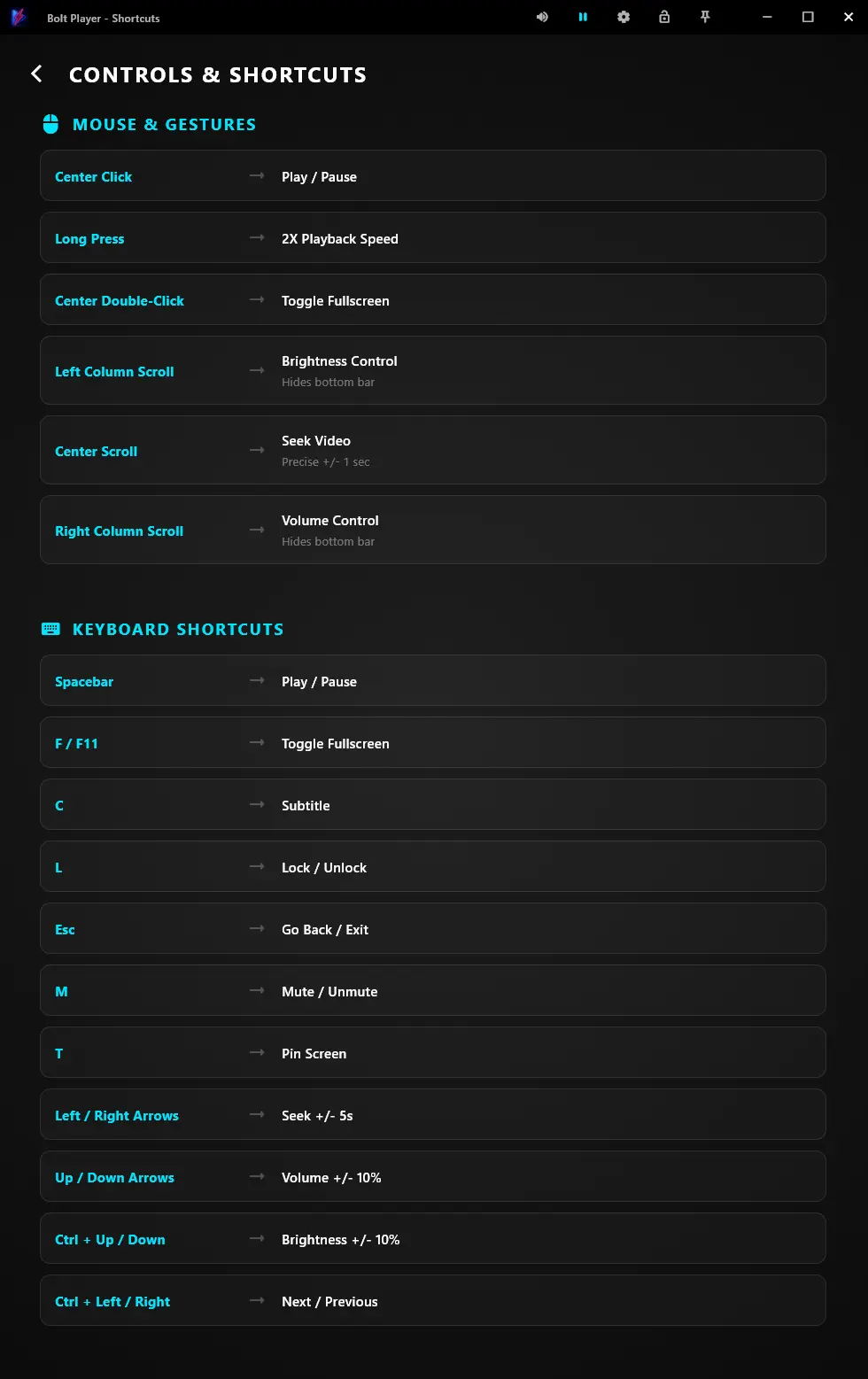 Bolt Player controls and shortcuts