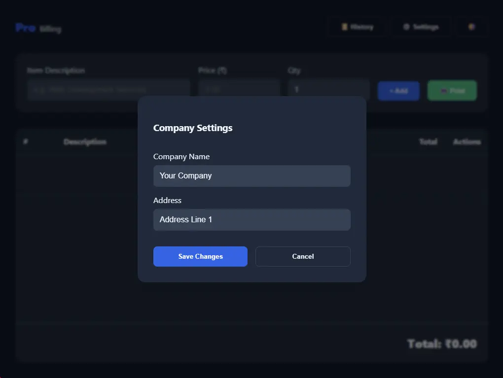 ProBill settings interface